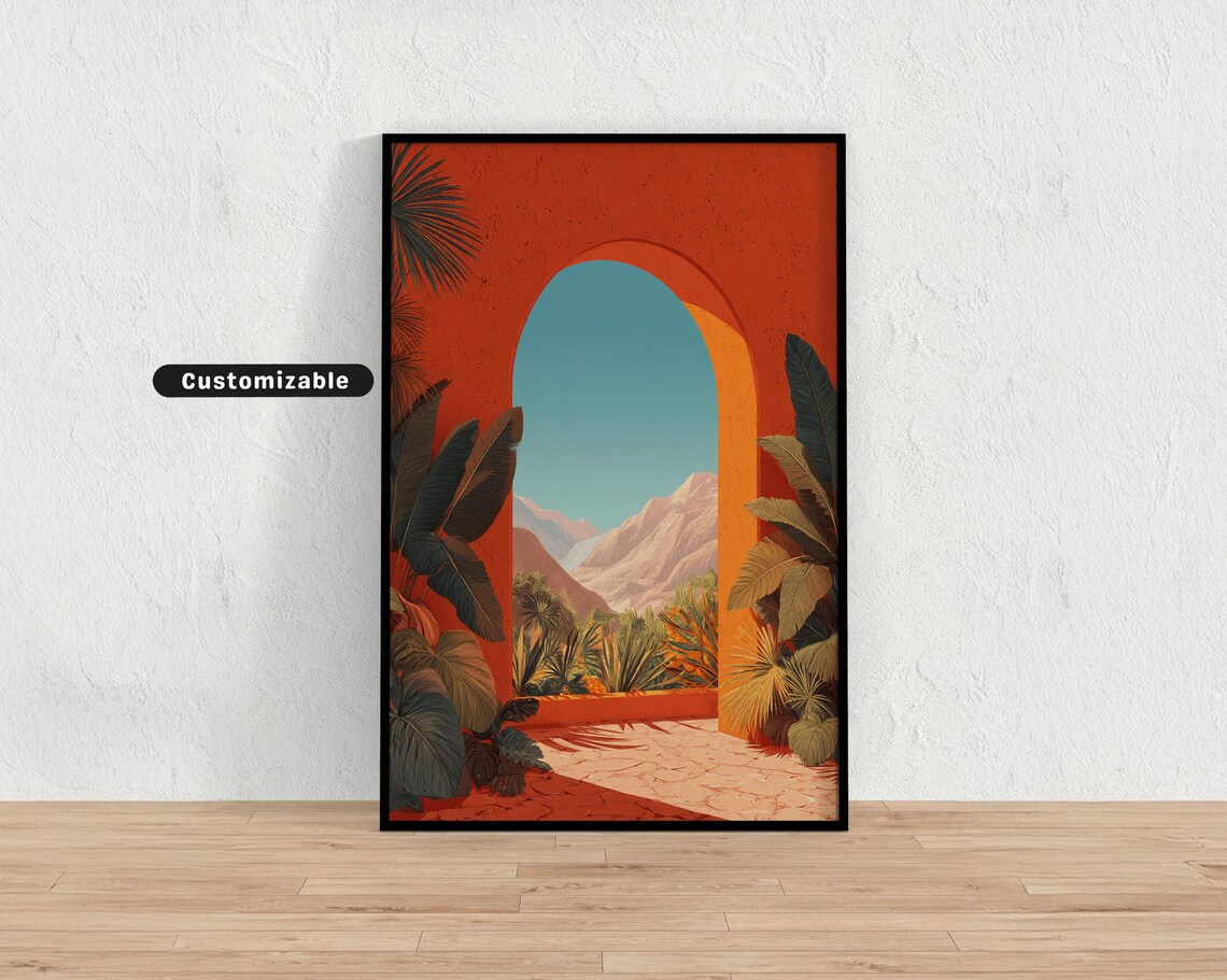 Terracotta Archway Tropical Leaves Desert Mountains Art Poster