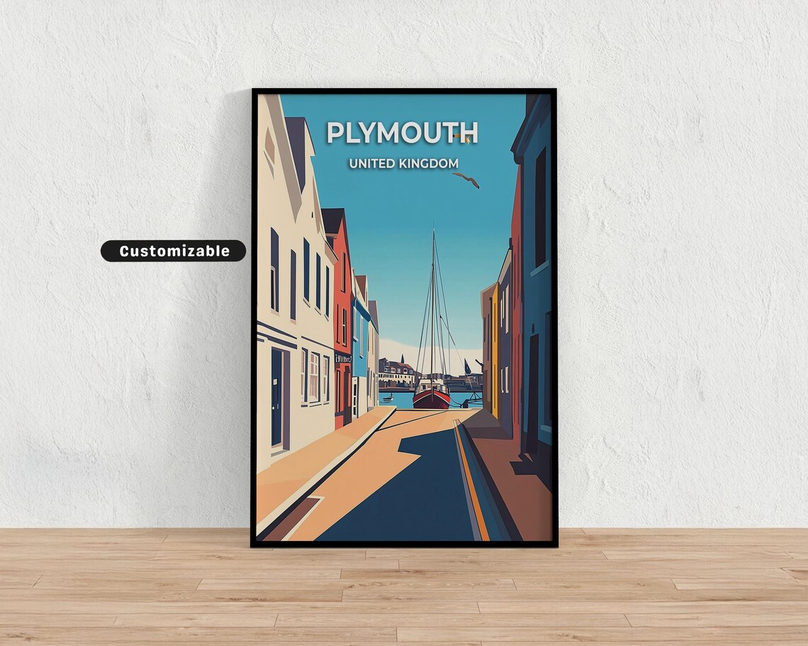 Plymouth United Kingdom Harbor Street Marina Sailboats Travel Poster