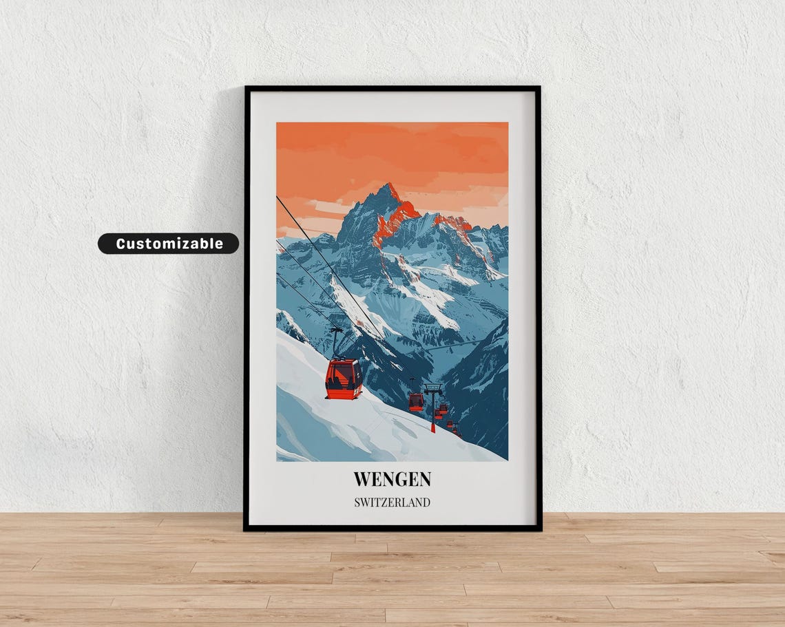 Wengen Switzerland Red Gondolas Over Alpine Snow Sunset Travel Poster