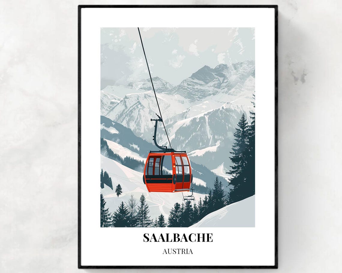 Saalbache Austria Red Cable Car Gondola Winter Resort Poster