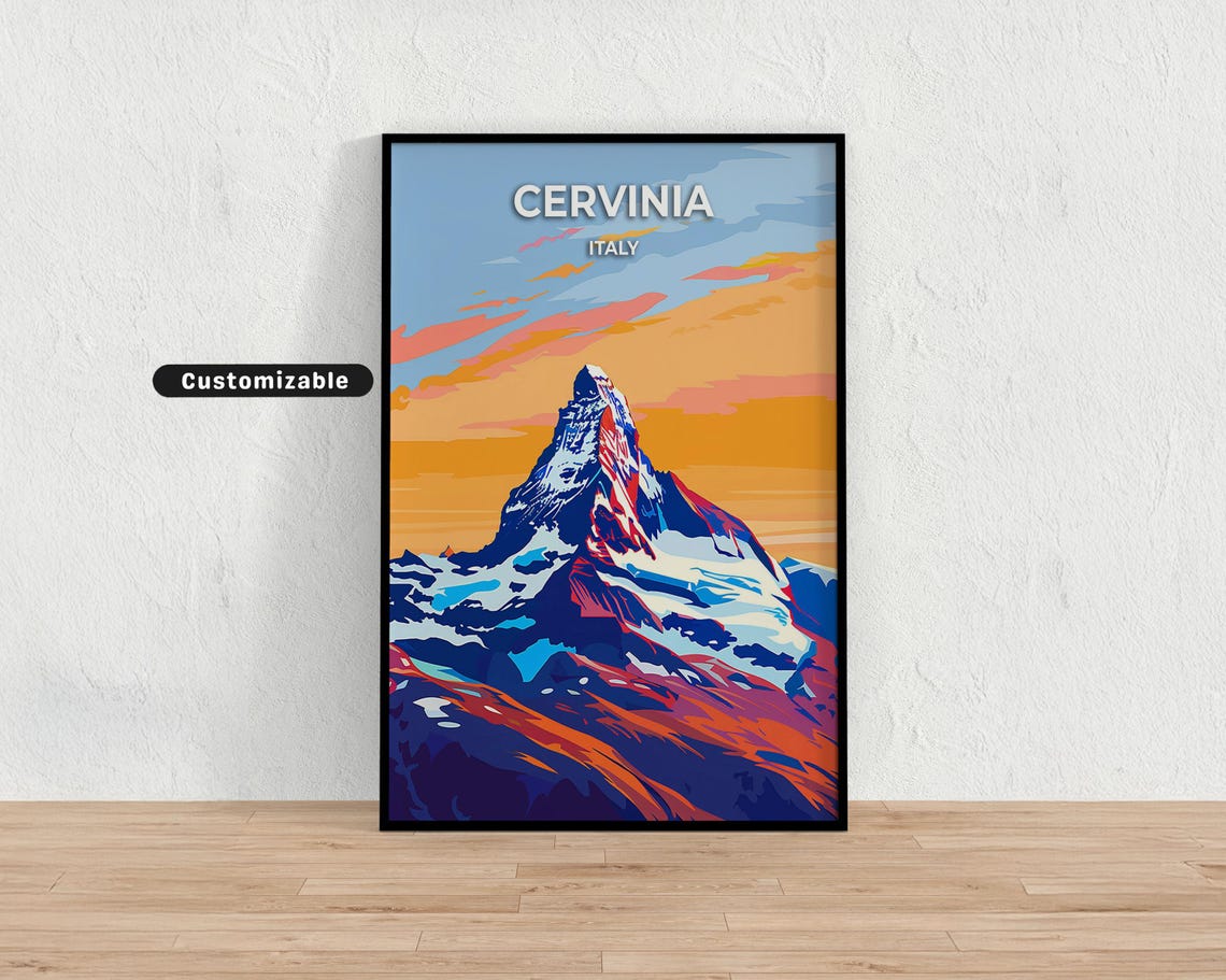 Cervinia Italy Matterhorn Peak Sunset Alpine Retro Travel Poster