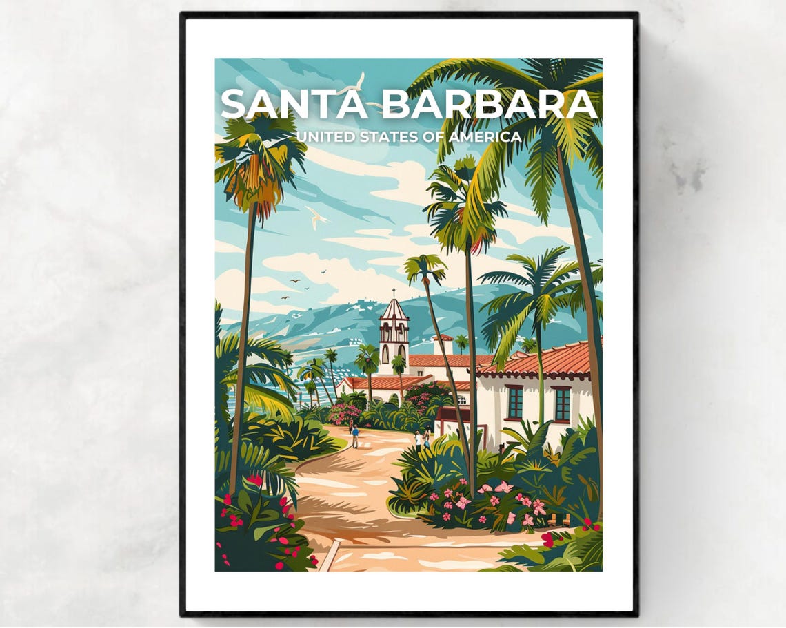 Santa Barbara Garden Full Bleed Top Text California Travel Poster