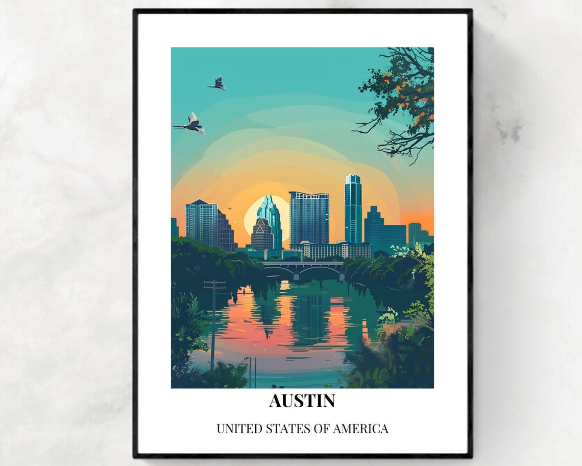 Austin Texas Downtown Skyline Sunset River Reflection Poster