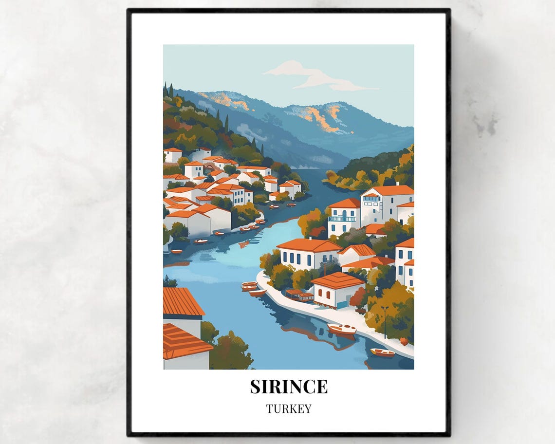 Sirince Turkey Riverside Village With Boats Vintage Travel Poster Art