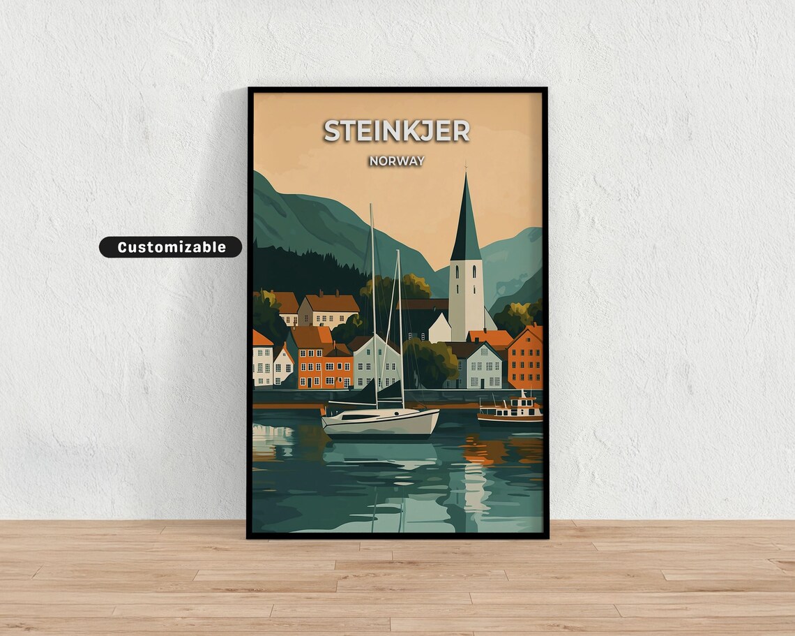 Steinkjer Norway Sunset Sailboat Harbor Church Retro Travel Poster
