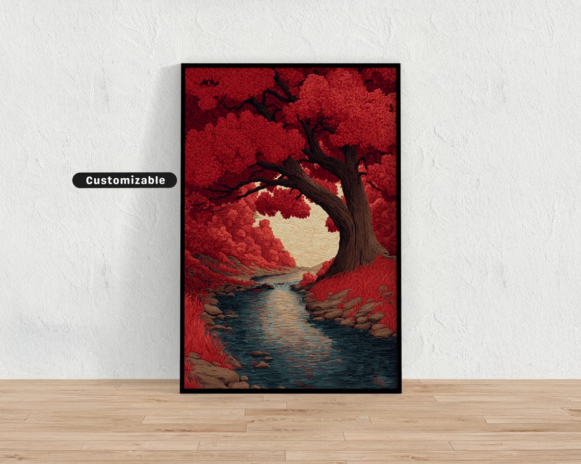 Crimson Maple Tree Arching Over Flowing Stream Japanese Wall Art Print Zen Asian Decor