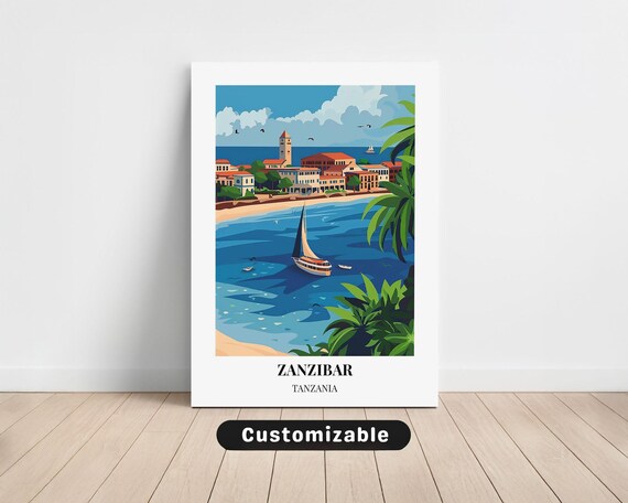 Zanzibar Tanzania Sailboat Beach Island Sunset Travel Poster Art