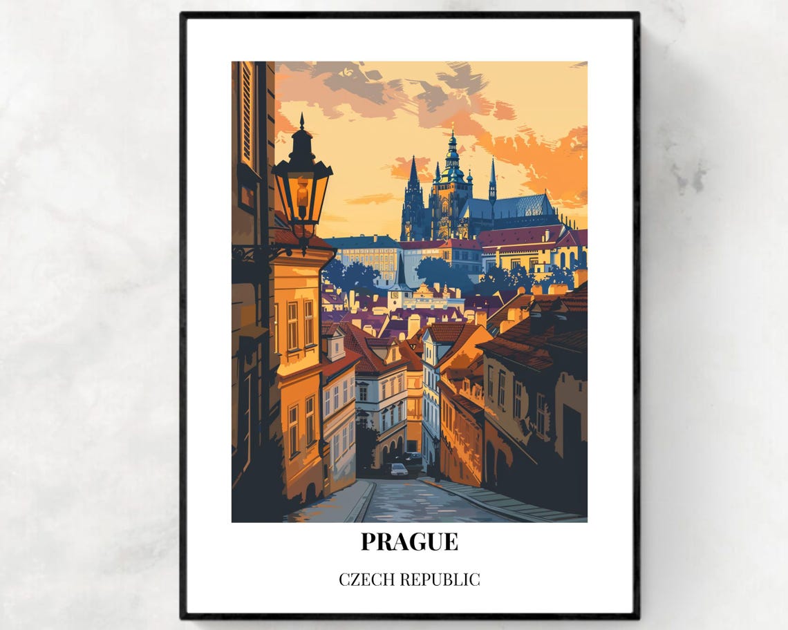 Prague Czech Republic Castle Golden Sunset Street Travel Poster