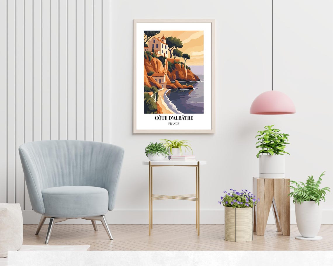 Cote d'Albatre France Sunset Cove Poster with Cliffside Chapel - Image 2