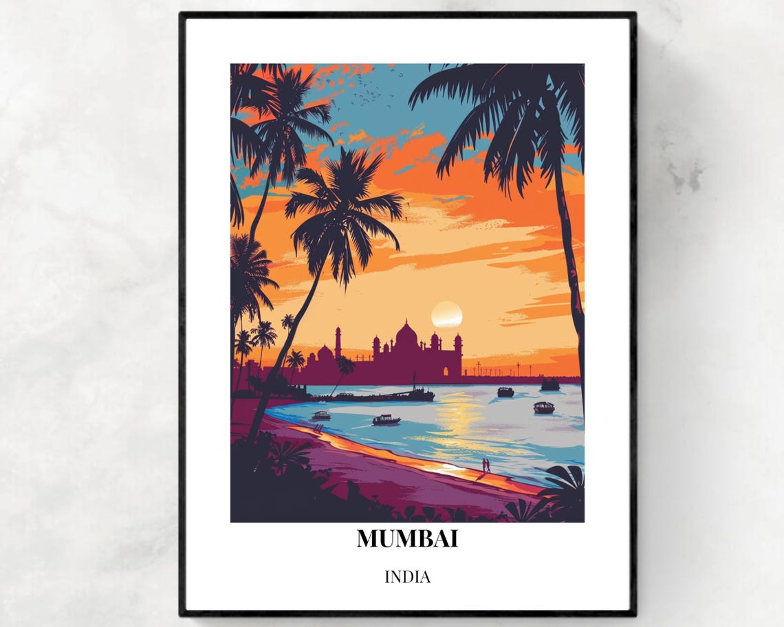 Mumbai India Beach Sunset With Landmark Silhouette Travel Poster