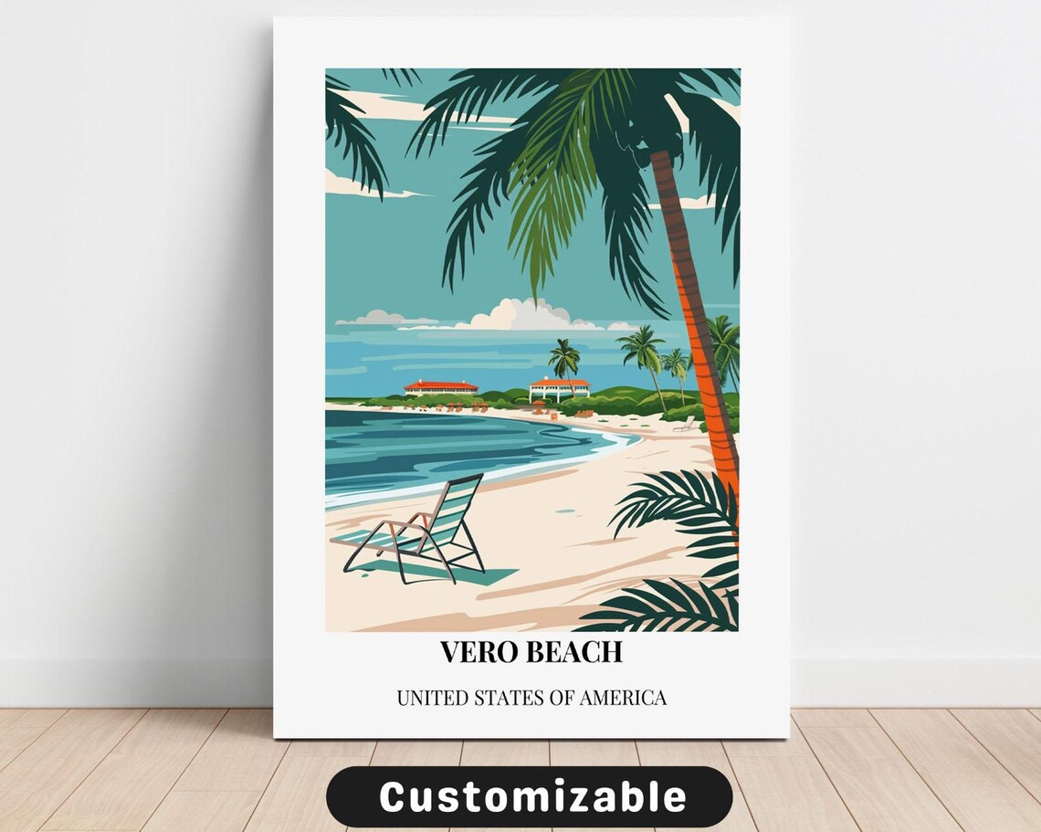 Vero Beach USA Retro Travel Poster Tropical Beach Palm Style Decor Art