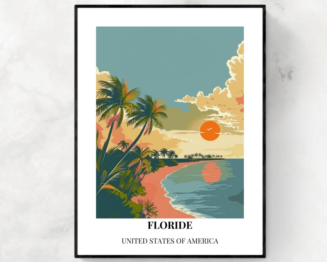 Florida Tropical Beach Sunset Palm Trees Scenic Travel Art Poster