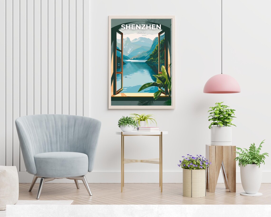 Shenzhen China Window View Mountain Lake Serene Travel Poster - Image 2