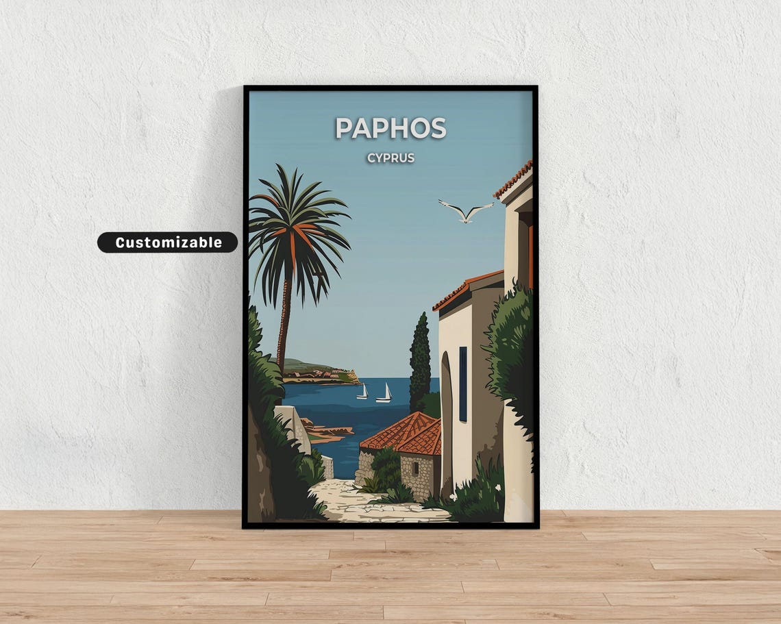 Paphos Cyprus Coastal Lane Palm Sailboats Vintage Travel Poster