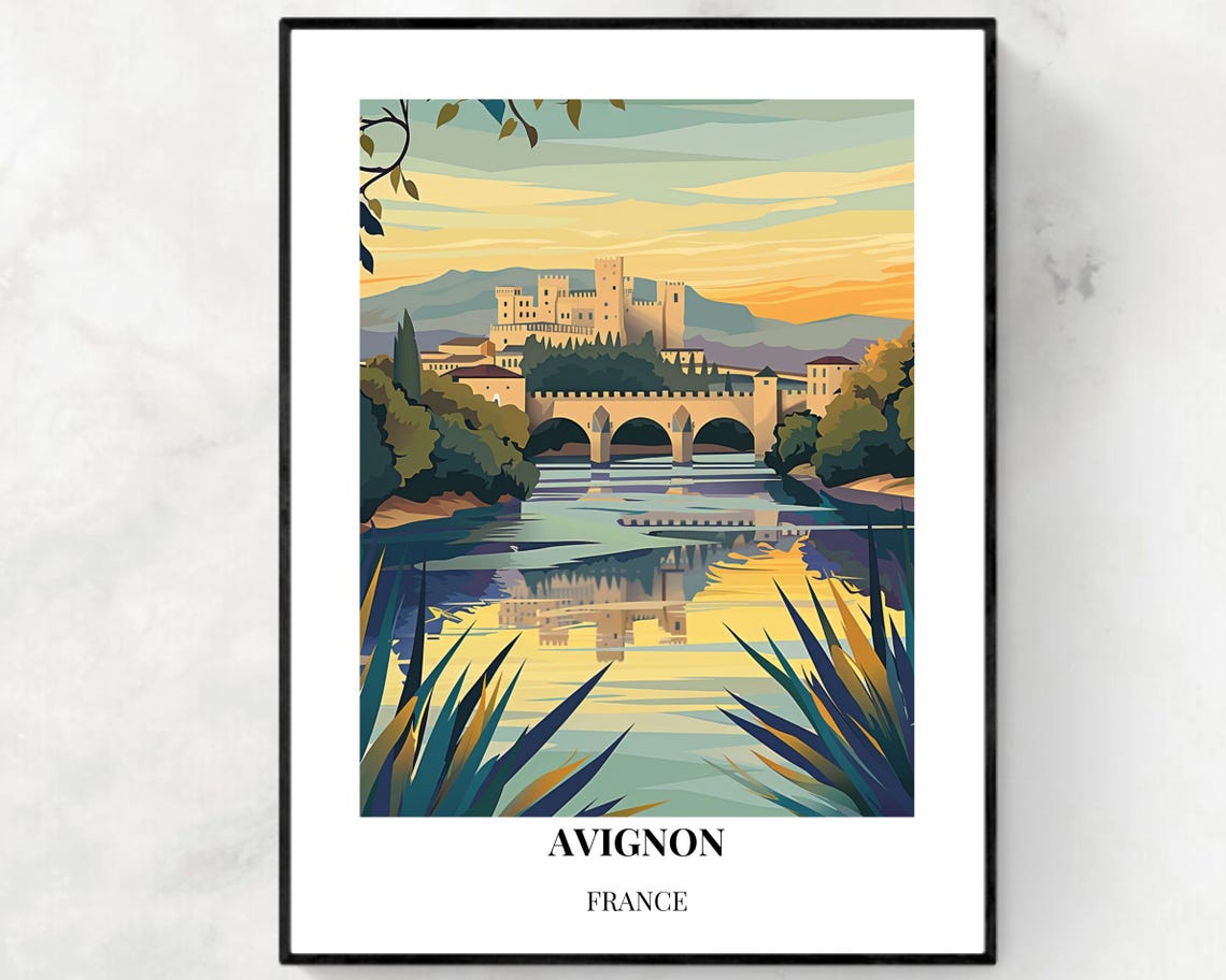 Avignon France Palace Bridge Sunset River Travel Poster Artwork