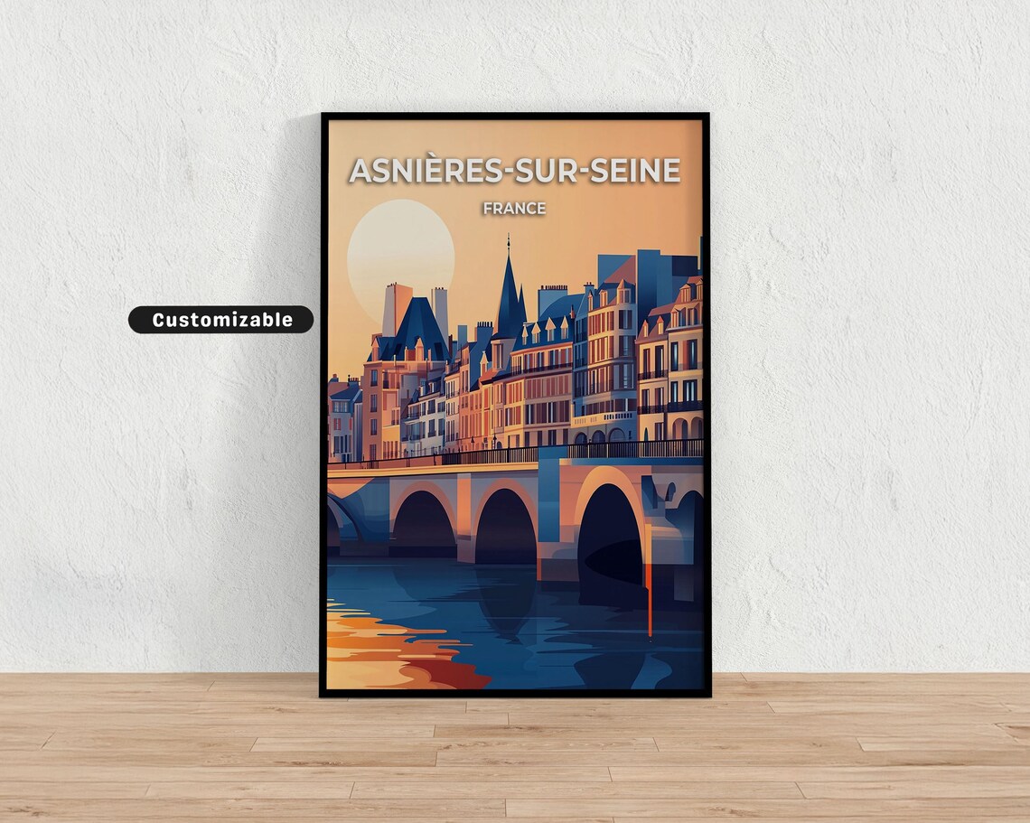 Asnieres Sur Seine France Sunset Bridge River Travel Poster Art