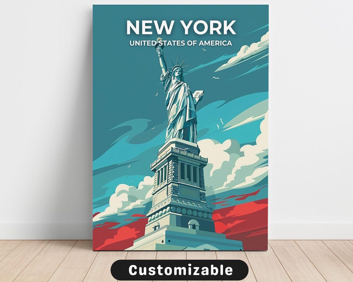 New York Statue of Liberty Vintage Travel Illustration Poster