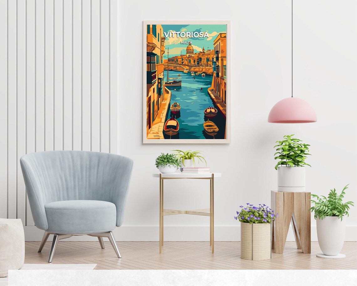 Vittoriosa Malta Harbor Canal Fishing Boats Vintage Travel Poster - Image 2