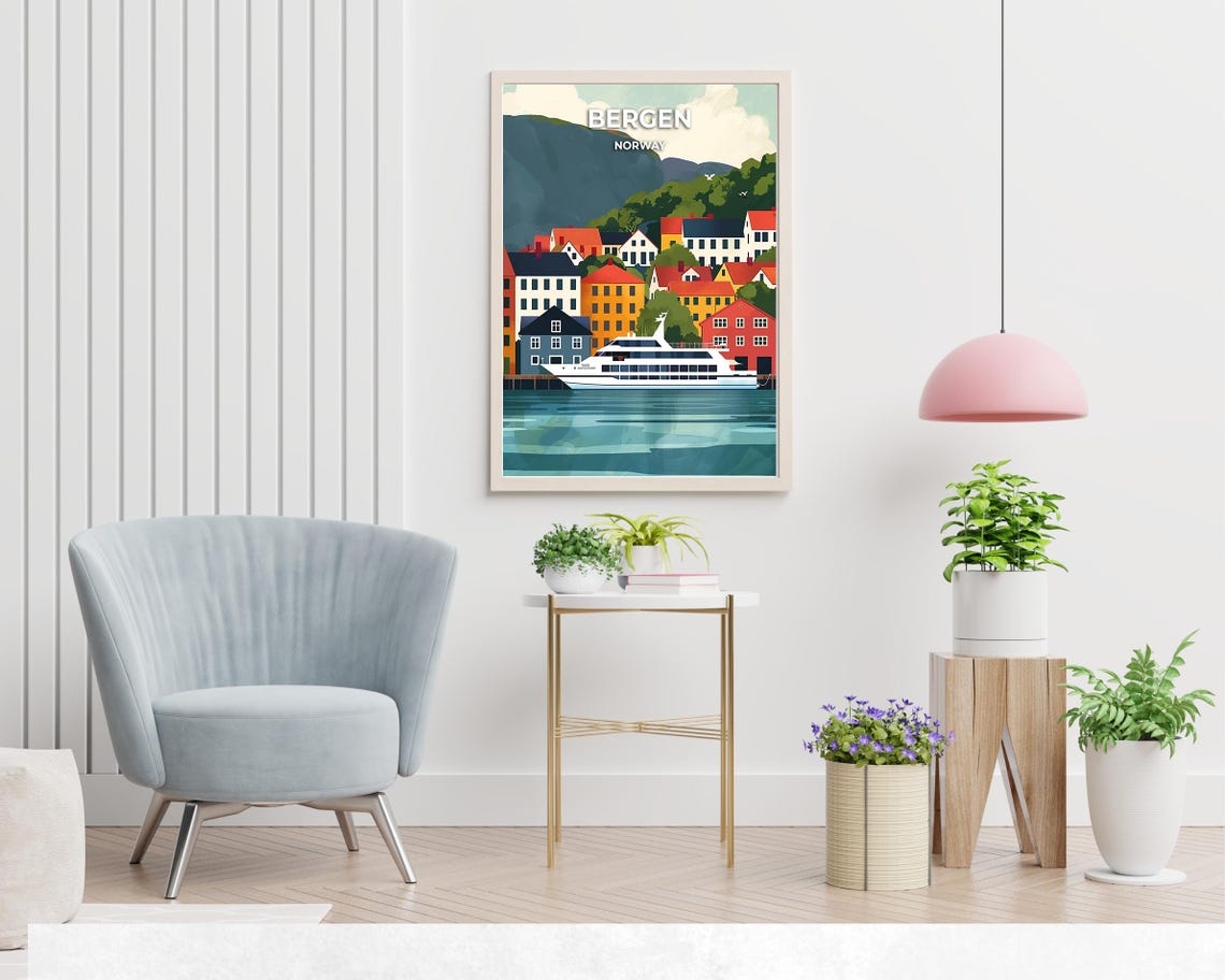 Bergen Norway Colorful Harbor Houses With Docked Ship Poster - Image 2