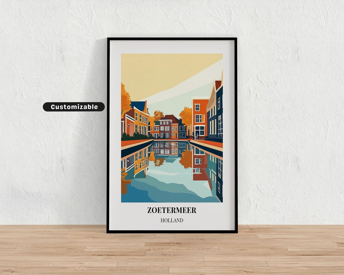 Zoetermeer Holland Canal Reflections Gabled Houses Retro Travel Poster