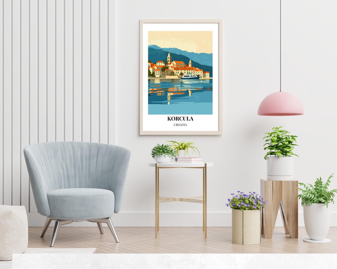 Korcula Old Town Waterfront Mirrored on the Calm Evening Sea Poster - Image 2