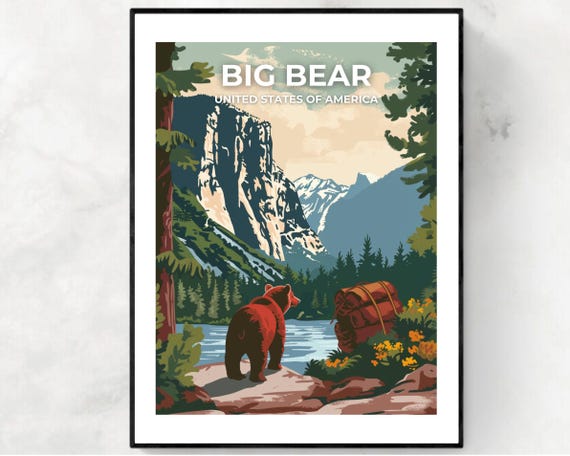 Big Bear USA Mountain Lake Bear Hiker Retro Wilderness Scene Travel Poster