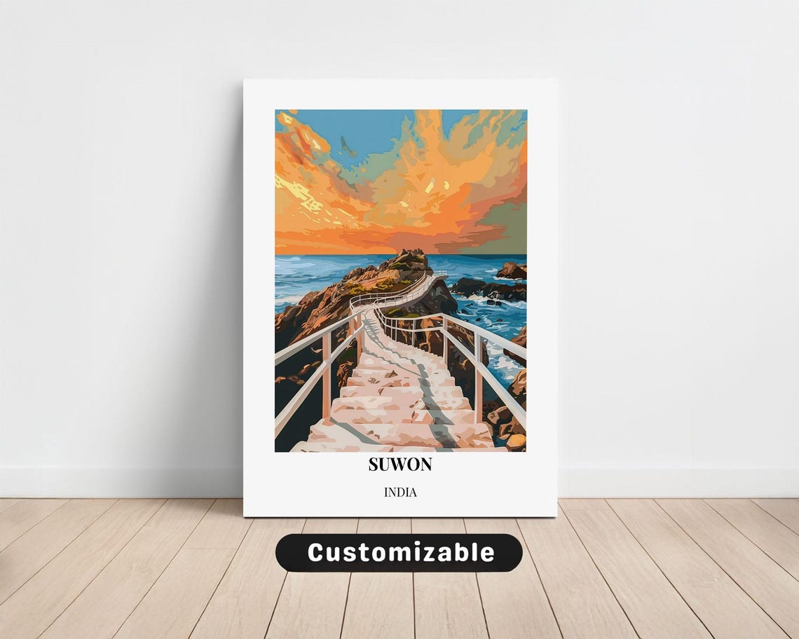 Suwon India Ocean Cliff Staircase Sunset Retro Travel Art Poster
