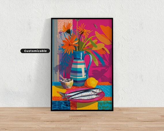 Still Life With Jug Flower Stems And Sardines On A Colorful Cloth Mediterranean Wall Art Tropical Illustration Print Modern
