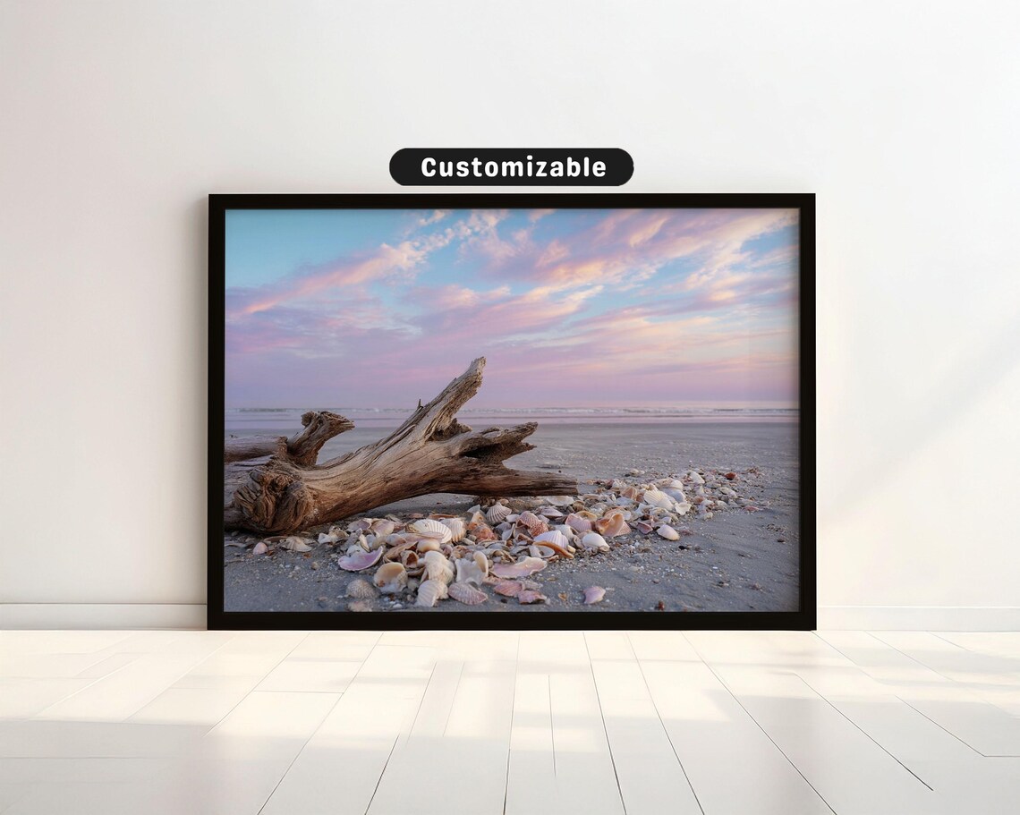 Driftwood And Seashells On Sandy Beach Pastel Sunset Sky Coastal Photo Poster