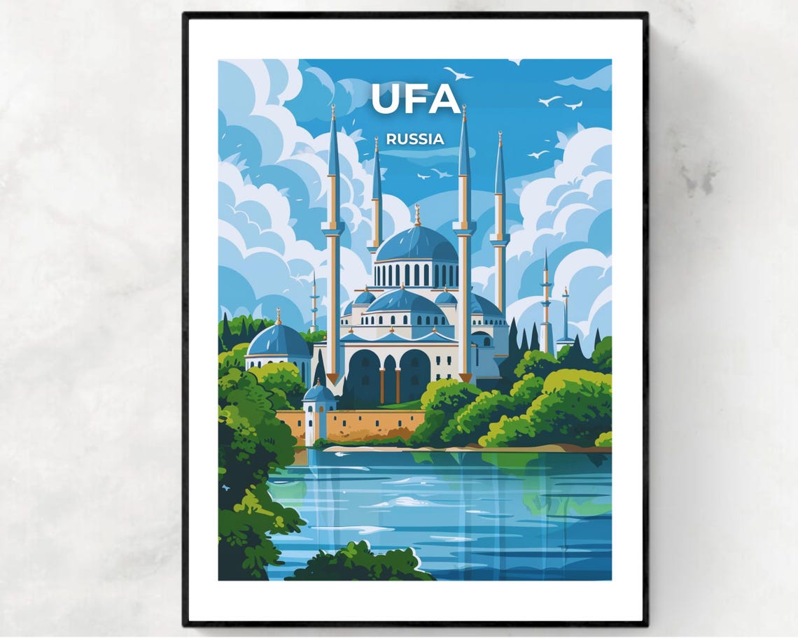 Ufa Russia Grand Mosque Lakeside Skyline Vintage Travel Poster