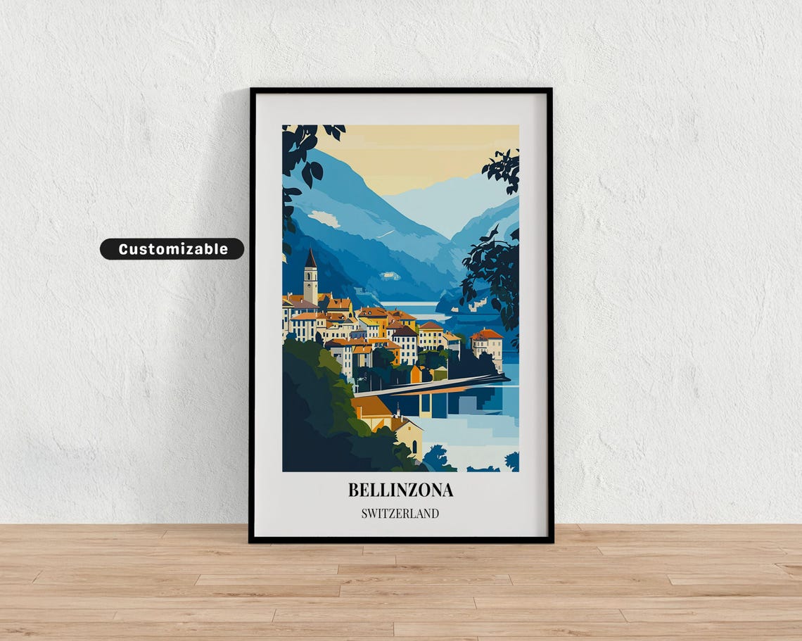 Bellinzona Switzerland Lakeside Town Mountains Sunset Travel Poster