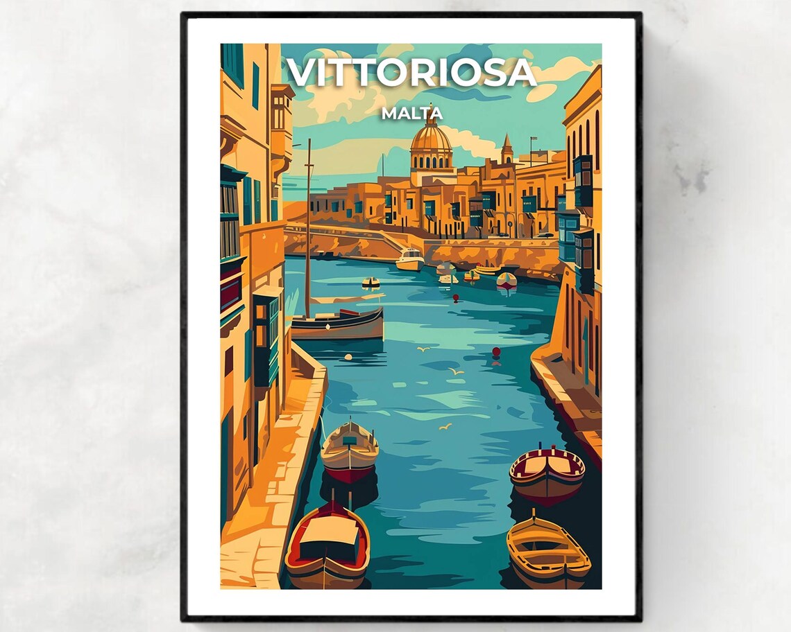 Vittoriosa Malta Harbor Canal Fishing Boats Vintage Travel Poster