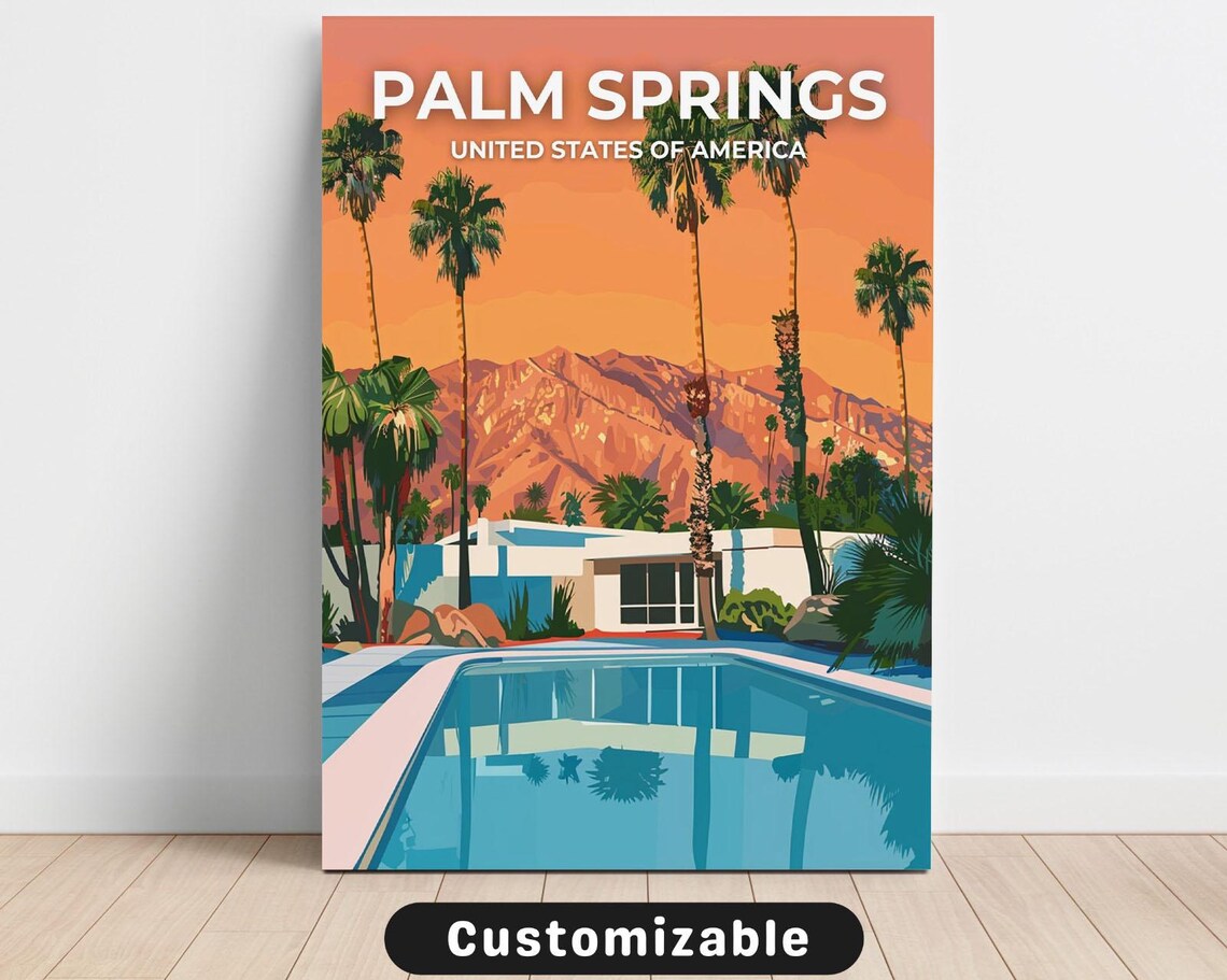 Palm Springs USA Desert Pool Retro Mid Century Travel Poster
