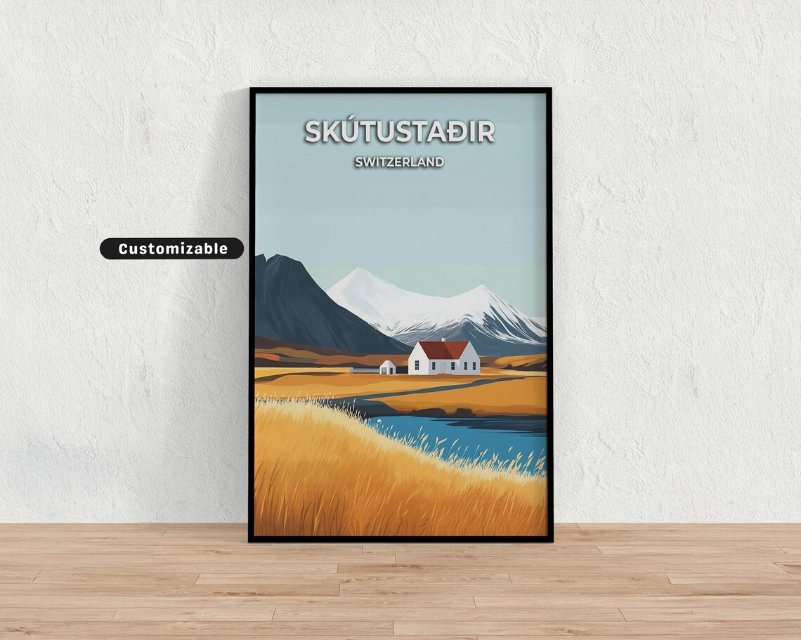 Skutustadir Switzerland Farmhouse Snowy Mountain Field Travel Poster
