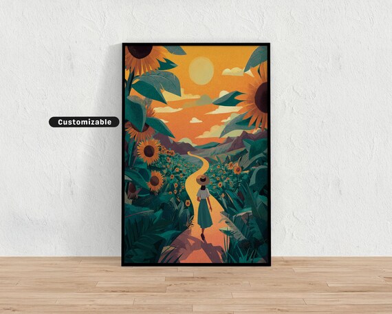 Woman Walking Between Giant Sunflowers On A Bright Summer Path Mediterranean Colorful Wall Art Tropical Illustration Print Modern Boho