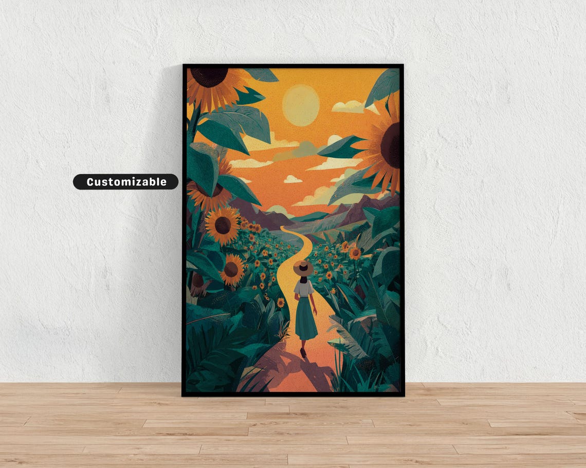 Warm Woman Walking Giant Sunflowers Sunset Golden Path Art Poster