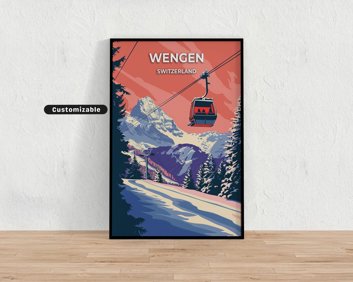 Wengen Switzerland Red Cable Car Over Snowy Pines Pink Sky Poster