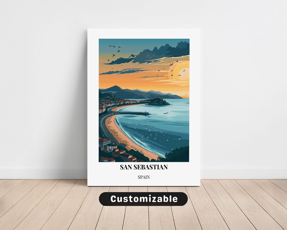 San Sebastian Spain Sunset Sailboats Bay Coast Evening Travel Poster