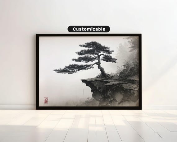 Sumie Painting Of Pine Tree On Cliff Edge With Fog Japanese Wall Art Print Zen Asian Decor