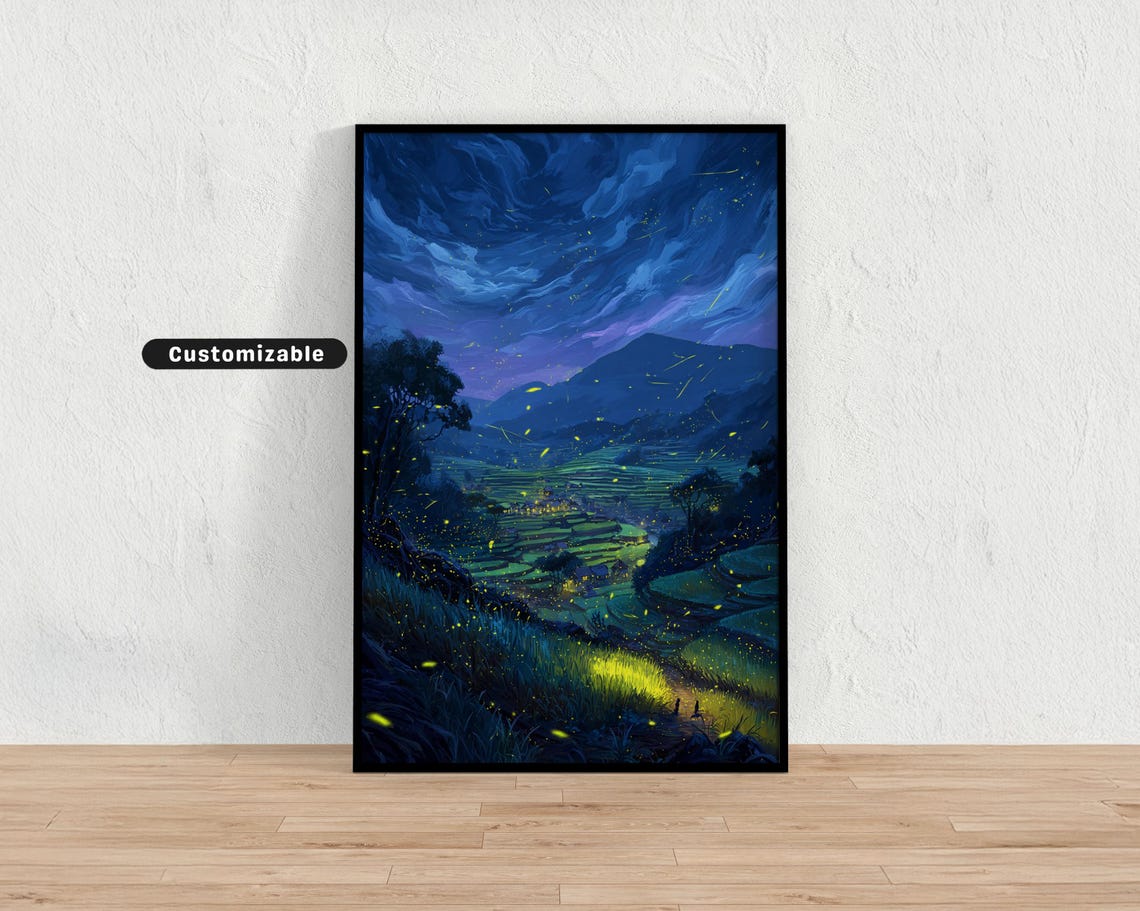 Fireflies Dancing In Summer Evening Over Rice Terraces Japanese Wall Art Print Zen Asian Decor