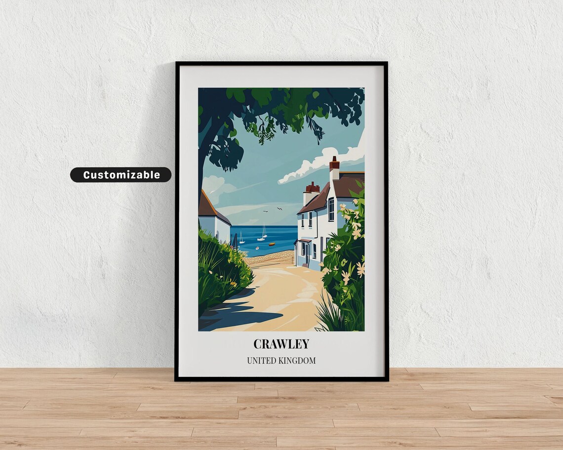 Crawley United Kingdom Coastal Lane Sailboats Travel Poster Art