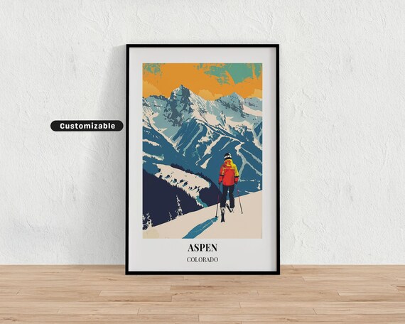 Aspen Colorado Orange Sunset Alpine Skier Mountain Ski Travel Poster