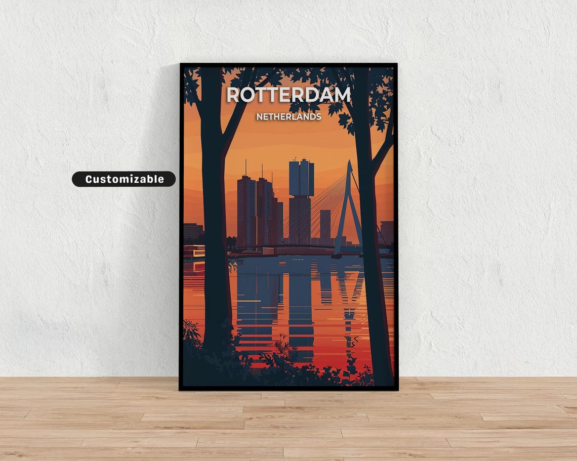 Rotterdam Netherlands Customizable Sunset Travel Poster Bridge Skyline
