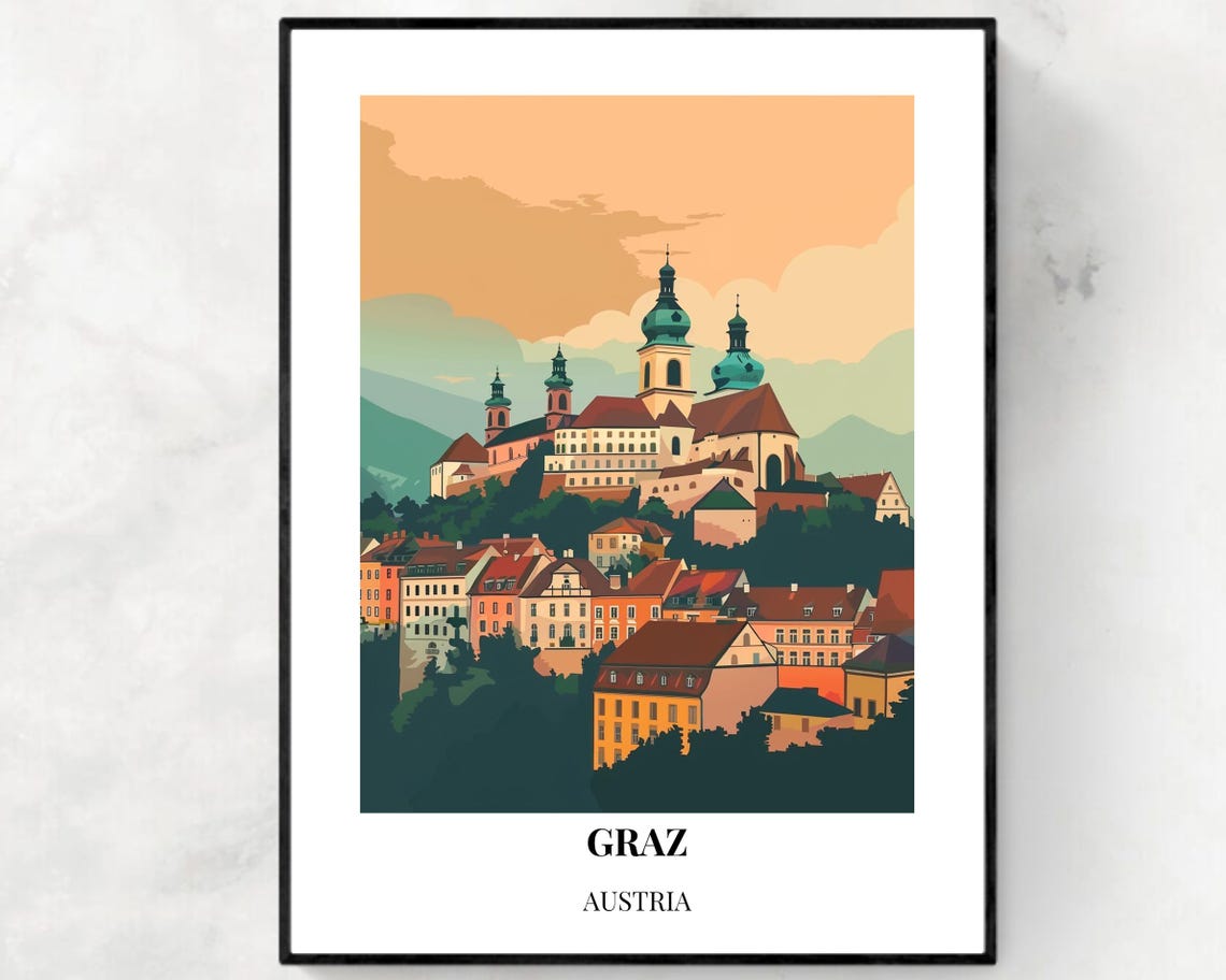 Graz Austria Old Town Churches Hilltop Golden Sunset Travel Poster