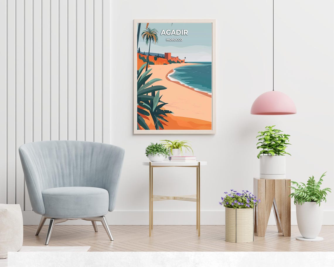Agadir Palm Beach And Red Hillside Kasbah Morocco Travel Poster - Image 2