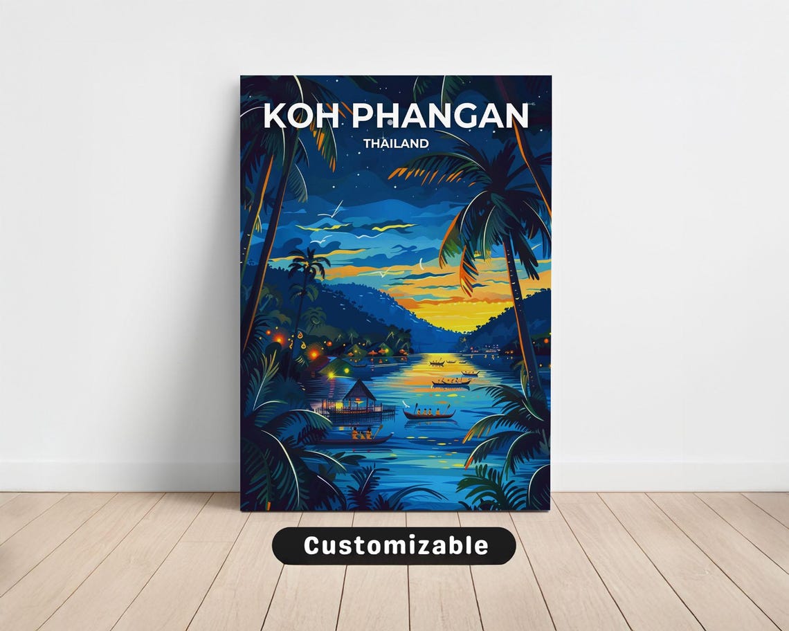 Koh Phangan Thailand Night Harbor Moonlit Sea Travel Art Poster