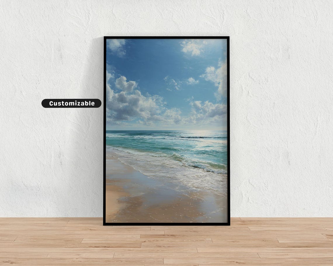 Sunny Beach Gentle Waves Bright Blue Sky Coastal Photo Wall Art