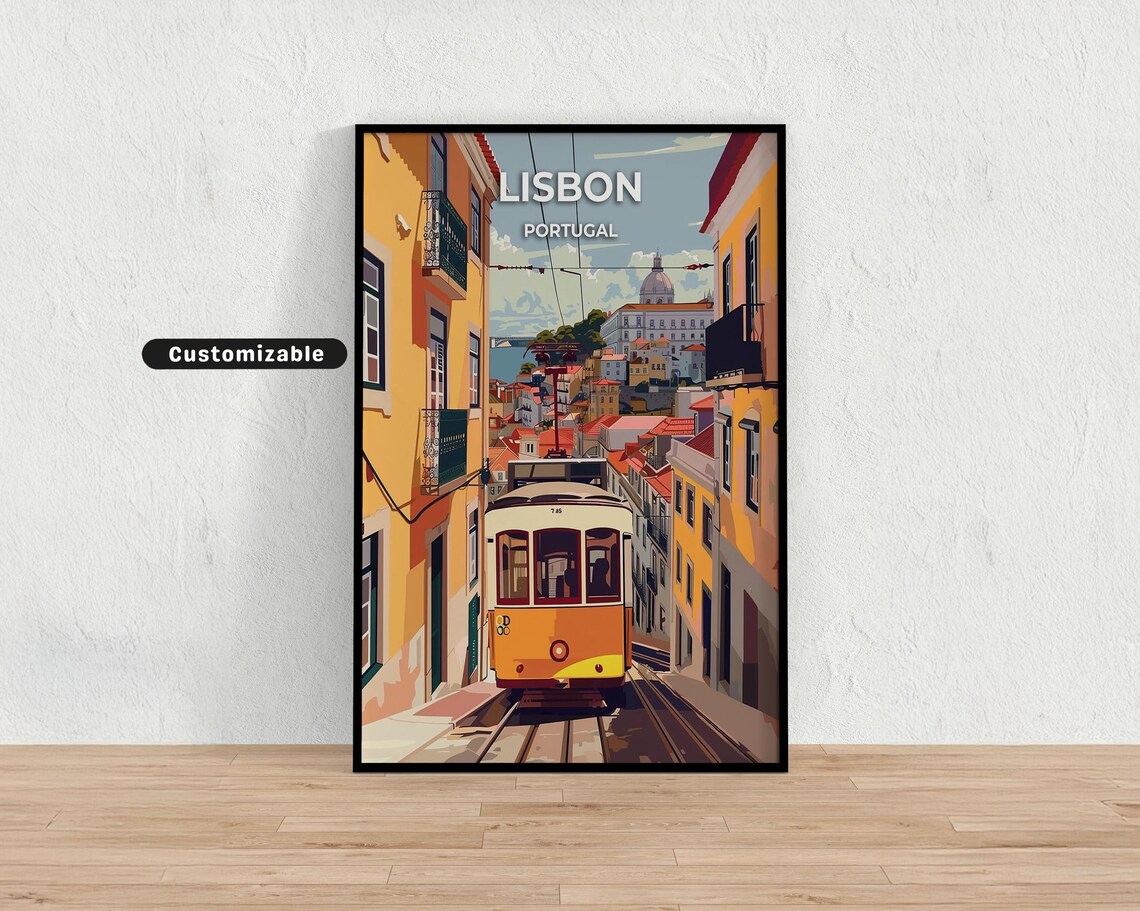 Lisbon Portugal Vintage Tram Climbing Steep Street Travel Poster