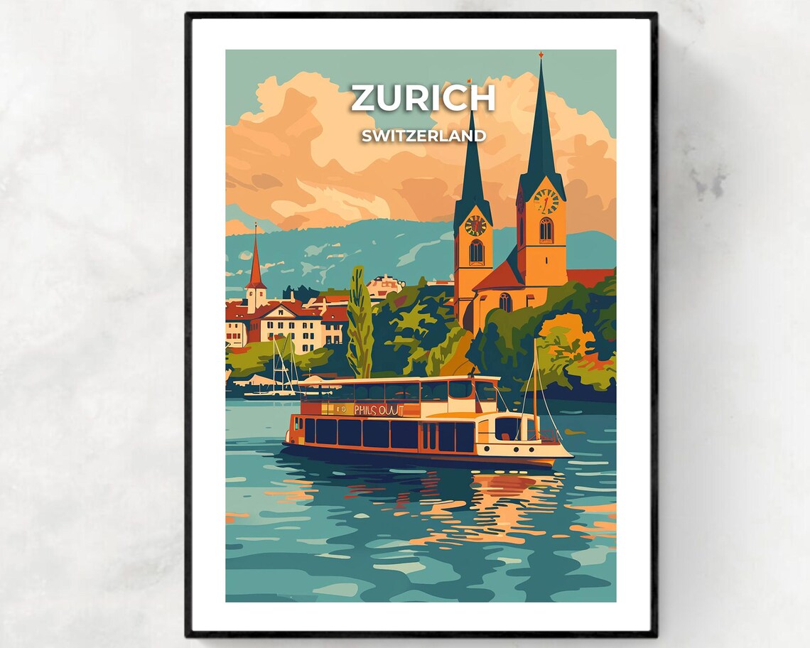 Zurich Switzerland Fraumunster Towers Lake Boat Travel Poster