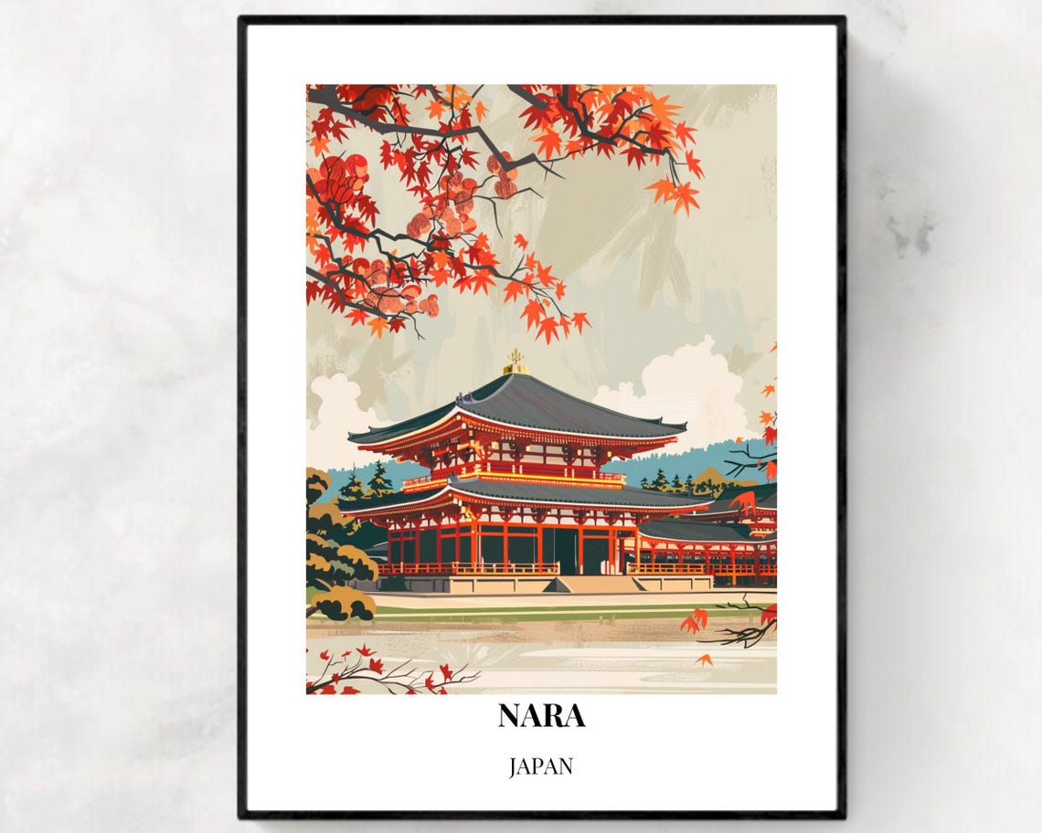 Nara Japan Autumn Maple Temple Garden Red Leaves View Poster